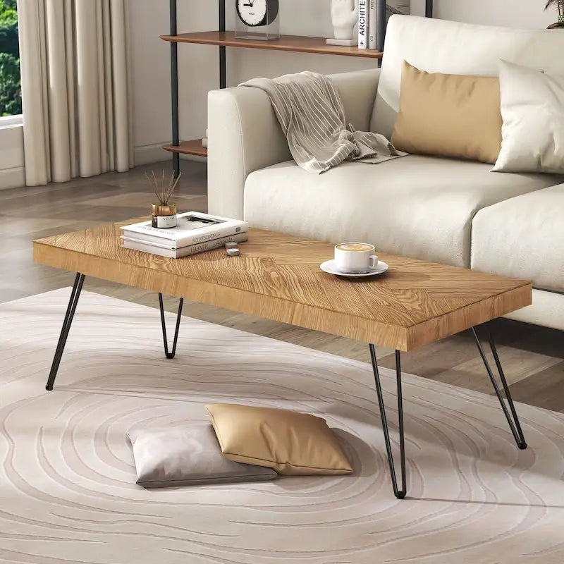 Natural Ash Veneer Rectangular Coffee Table with Metal Legs