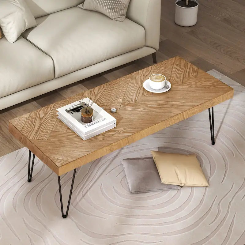 Natural Ash Veneer Rectangular Coffee Table with Metal Legs