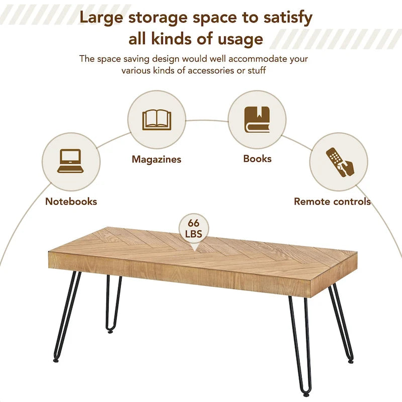 Natural Ash Veneer Rectangular Coffee Table with Metal Legs