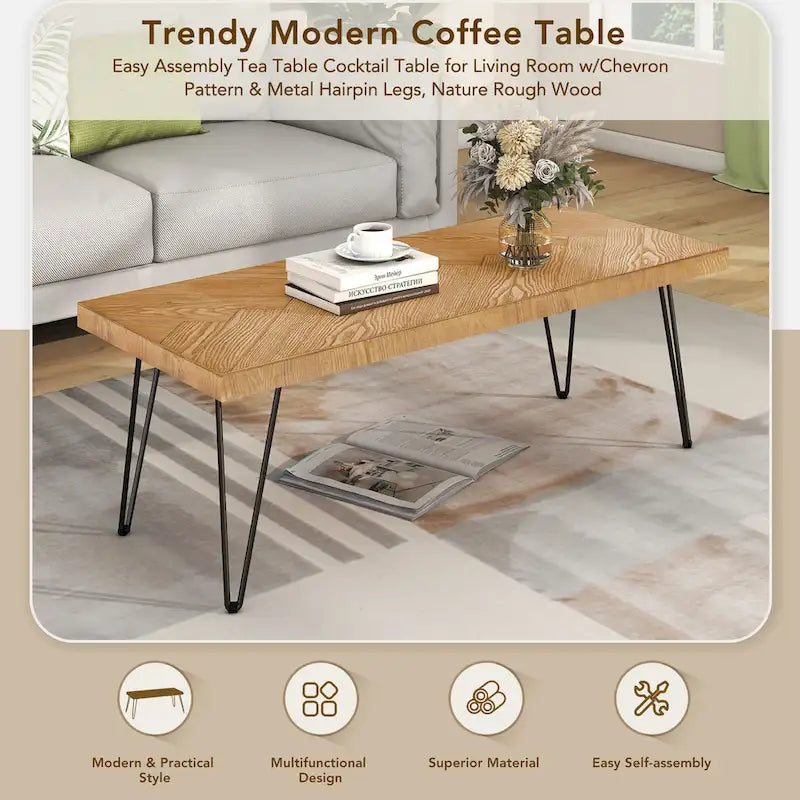 Natural Ash Veneer Rectangular Coffee Table with Metal Legs