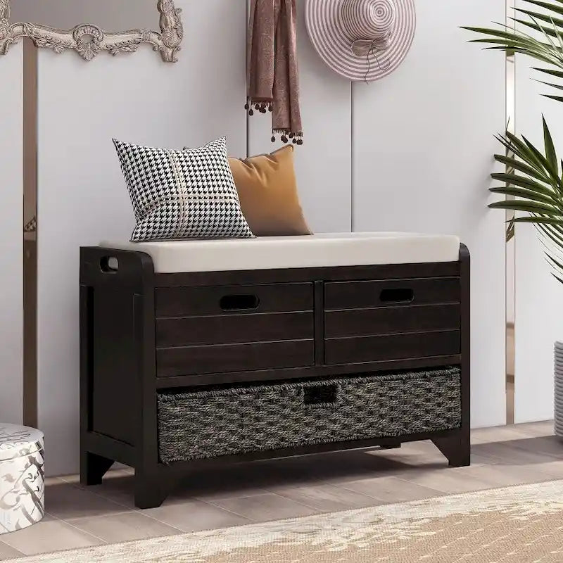 Espresso / Navy / White Acacia Wood Storage Bench with Cushion, 2 Drawers & Removable Basket – 2 Person