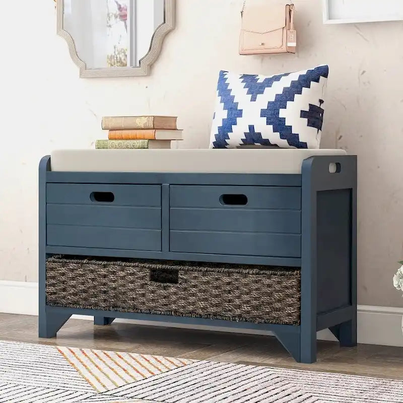 Espresso / Navy / White Acacia Wood Storage Bench with Cushion, 2 Drawers & Removable Basket – 2 Person