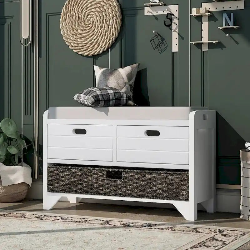 Espresso / Navy / White Acacia Wood Storage Bench with Cushion, 2 Drawers & Removable Basket – 2 Person