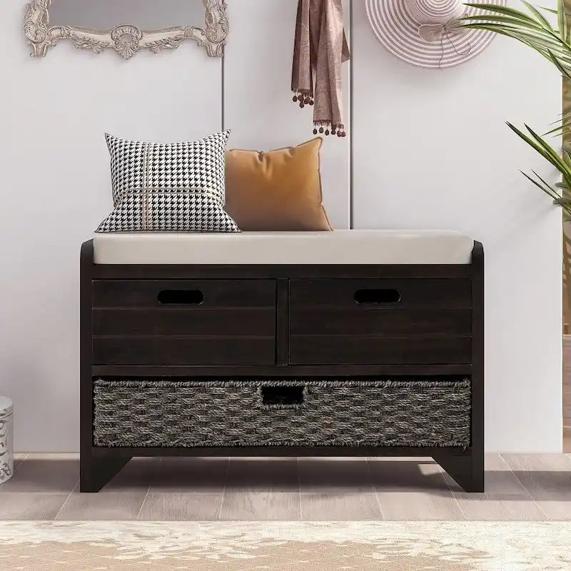 Espresso / Navy / White Acacia Wood Storage Bench with Cushion, 2 Drawers & Removable Basket – 2 Person