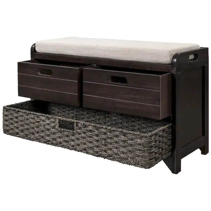 Espresso / Navy / White Acacia Wood Storage Bench with Cushion, 2 Drawers & Removable Basket – 2 Person