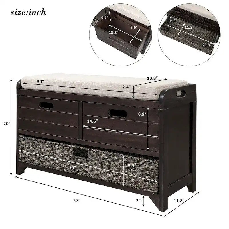 Espresso / Navy / White Acacia Wood Storage Bench with Cushion, 2 Drawers & Removable Basket – 2 Person