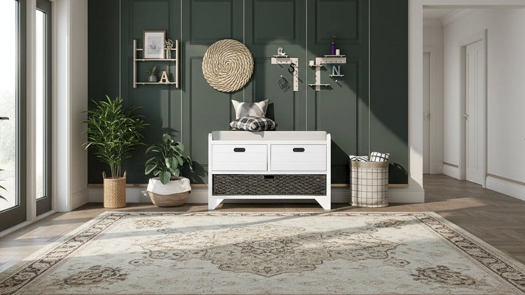 Espresso / Navy / White Acacia Wood Storage Bench with Cushion, 2 Drawers & Removable Basket – 2 Person