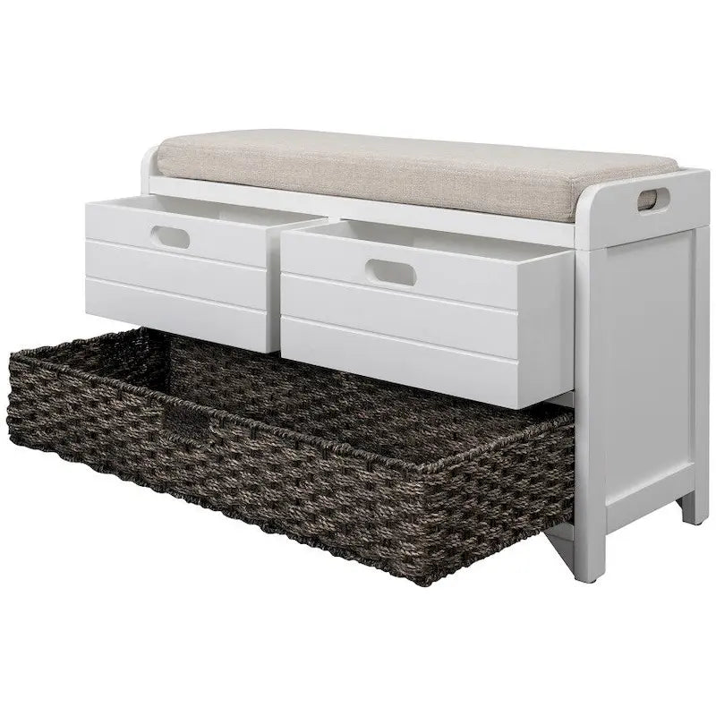 Espresso / Navy / White Acacia Wood Storage Bench with Cushion, 2 Drawers & Removable Basket – 2 Person