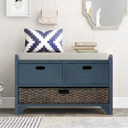 Espresso / Navy / White Acacia Wood Storage Bench with Cushion, 2 Drawers & Removable Basket – 2 Person
