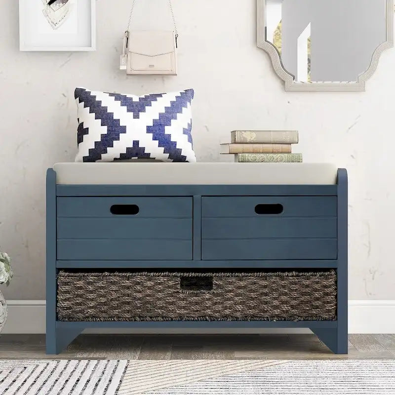 Espresso / Navy / White Acacia Wood Storage Bench with Cushion, 2 Drawers & Removable Basket – 2 Person