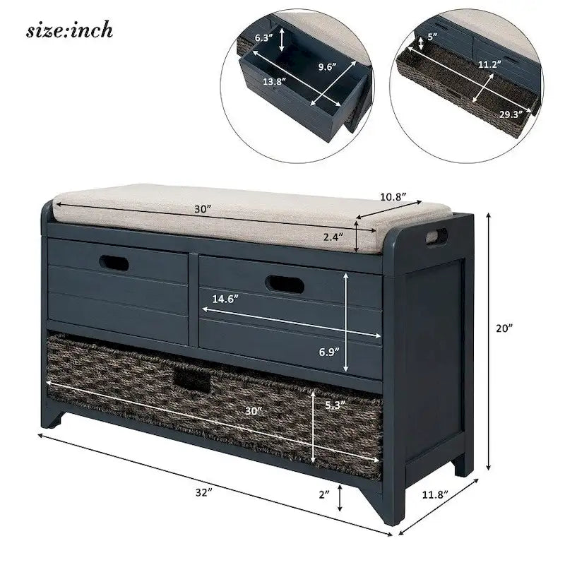 Espresso / Navy / White Acacia Wood Storage Bench with Cushion, 2 Drawers & Removable Basket – 2 Person