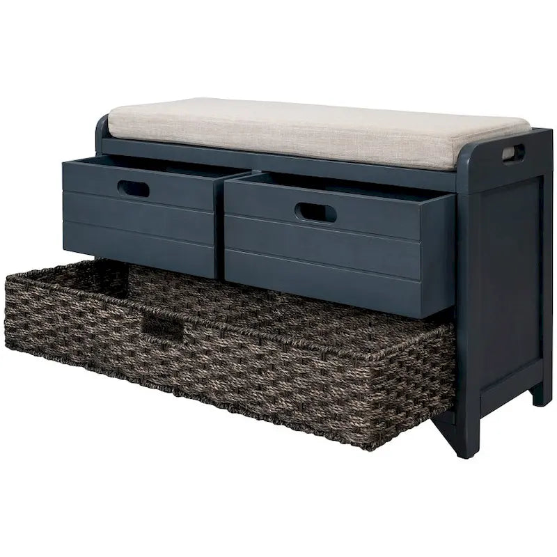 Espresso / Navy / White Acacia Wood Storage Bench with Cushion, 2 Drawers & Removable Basket – 2 Person