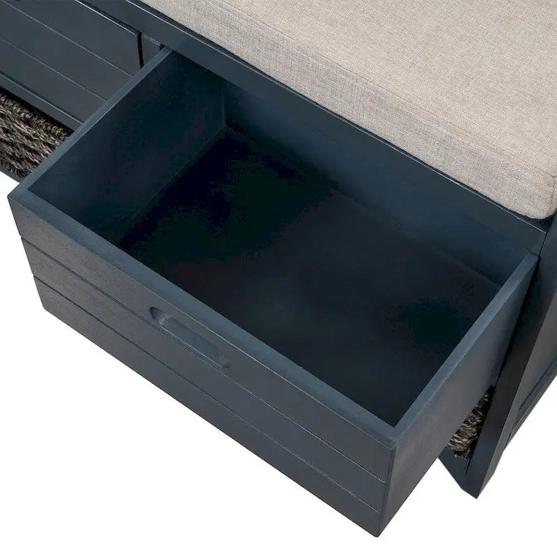 Espresso / Navy / White Acacia Wood Storage Bench with Cushion, 2 Drawers & Removable Basket – 2 Person
