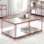Red / Blue / Champagne Steel & Tempered Glass Coffee Table with Mirror Accents & Lower Shelf