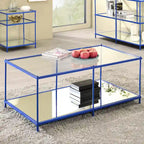 Red / Blue / Champagne Steel & Tempered Glass Coffee Table with Mirror Accents & Lower Shelf