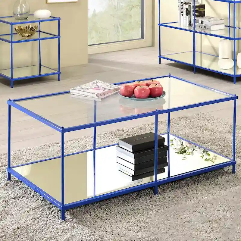 Red / Blue / Champagne Steel & Tempered Glass Coffee Table with Mirror Accents & Lower Shelf