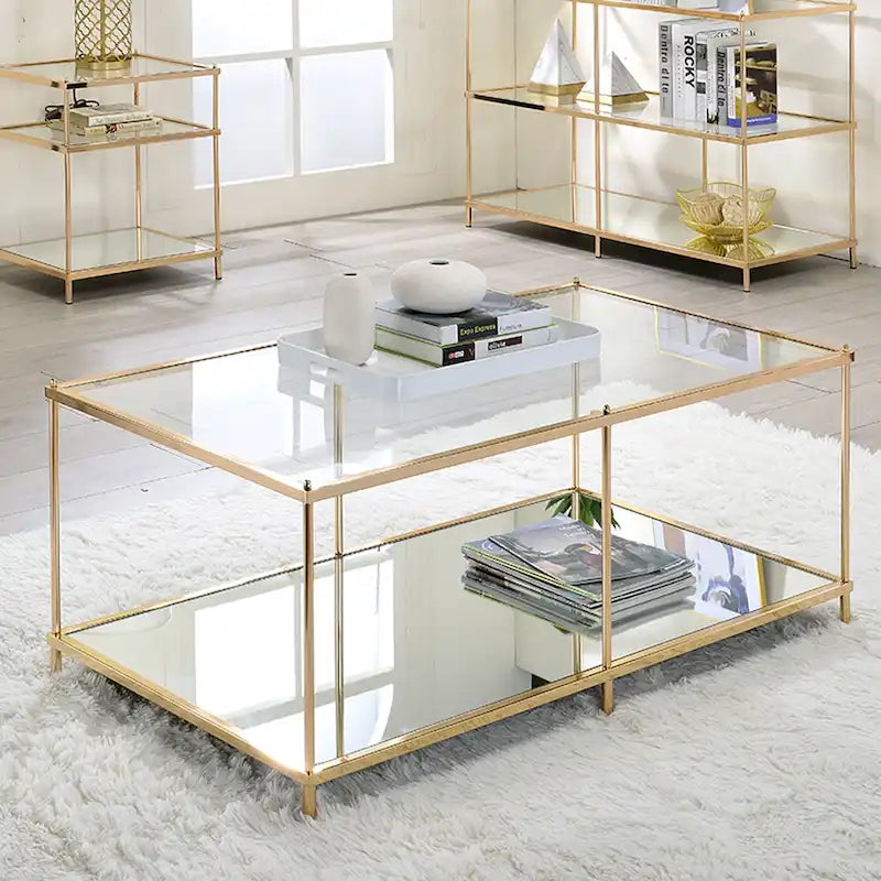 Red / Blue / Champagne Steel & Tempered Glass Coffee Table with Mirror Accents & Lower Shelf