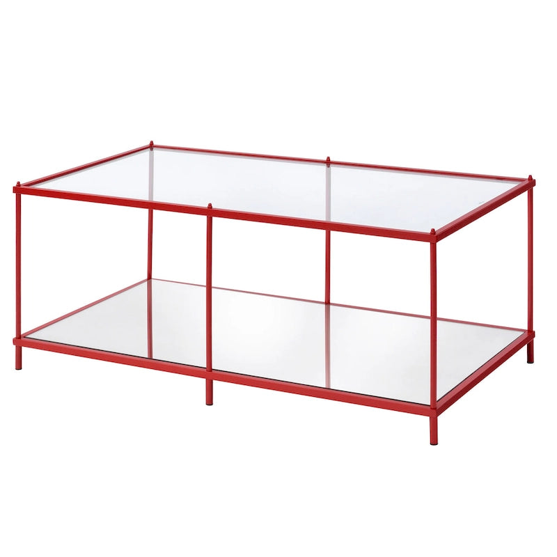 Red / Blue / Champagne Steel & Tempered Glass Coffee Table with Mirror Accents & Lower Shelf