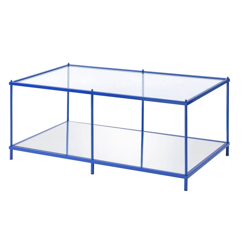 Red / Blue / Champagne Steel & Tempered Glass Coffee Table with Mirror Accents & Lower Shelf