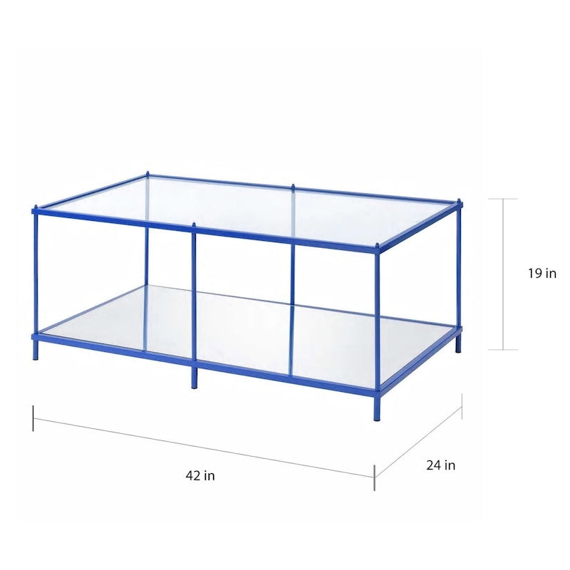 Red / Blue / Champagne Steel & Tempered Glass Coffee Table with Mirror Accents & Lower Shelf
