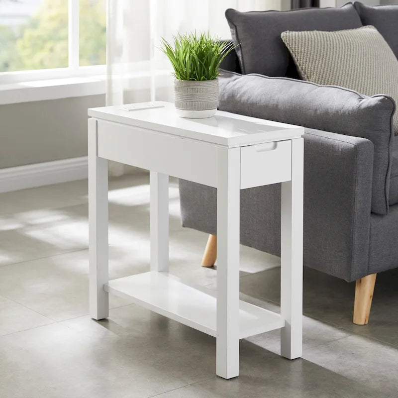 Brown / White / Black / Grey Solid Wood Narrow Side Table with Drawer, Open Shelf & USB-C Charging Port