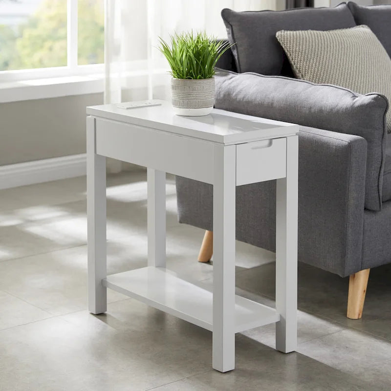 Brown / White / Black / Grey Solid Wood Narrow Side Table with Drawer, Open Shelf & USB-C Charging Port