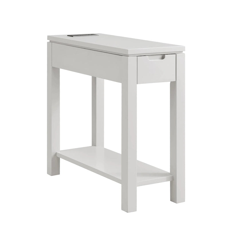 Brown / White / Black / Grey Solid Wood Narrow Side Table with Drawer, Open Shelf & USB-C Charging Port