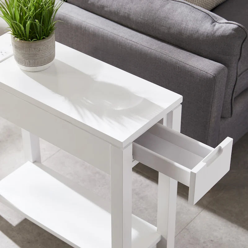 Brown / White / Black / Grey Solid Wood Narrow Side Table with Drawer, Open Shelf & USB-C Charging Port