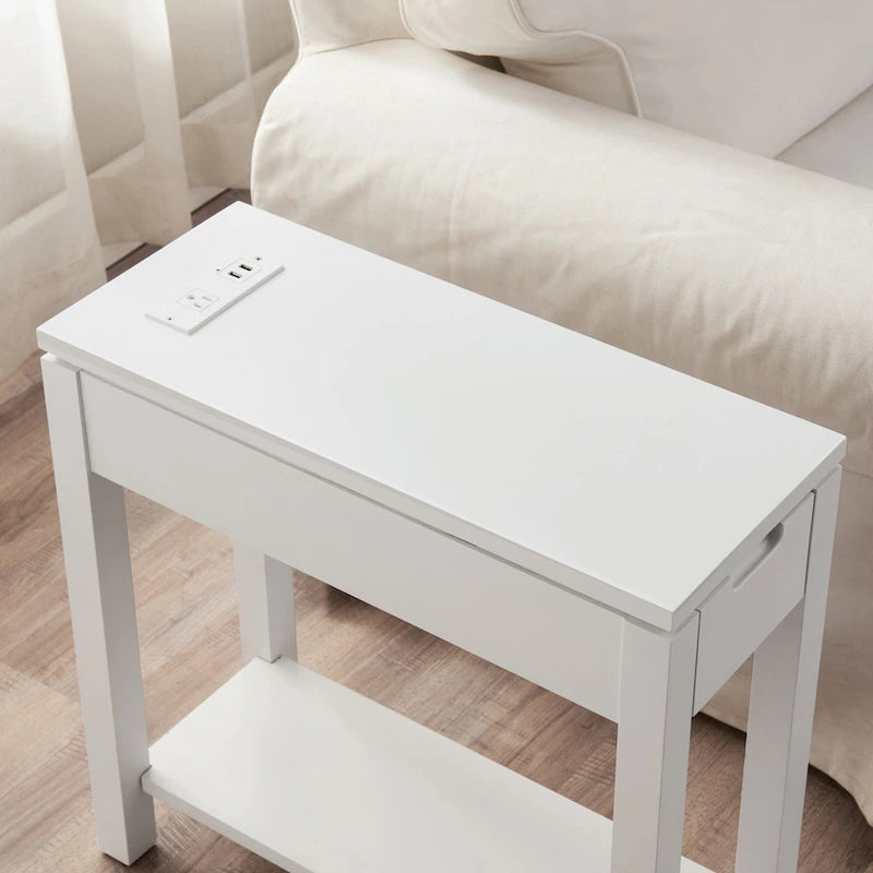Brown / White / Black / Grey Solid Wood Narrow Side Table with Drawer, Open Shelf & USB-C Charging Port