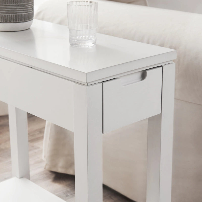 Brown / White / Black / Grey Solid Wood Narrow Side Table with Drawer, Open Shelf & USB-C Charging Port