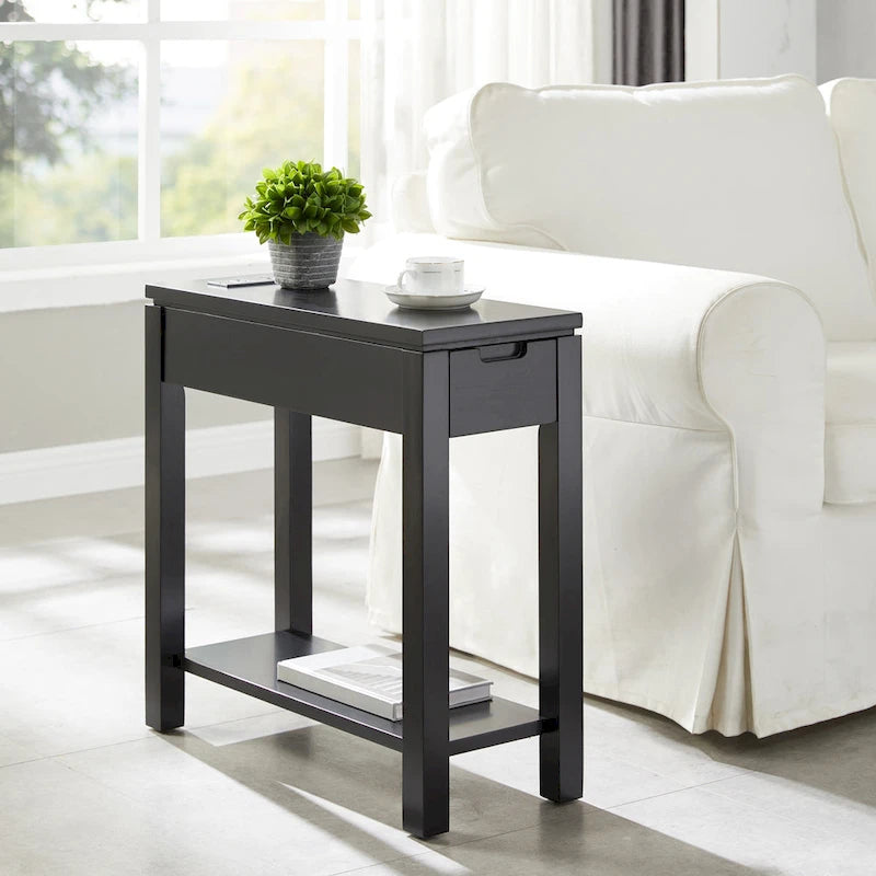 Brown / White / Black / Grey Solid Wood Narrow Side Table with Drawer, Open Shelf & USB-C Charging Port