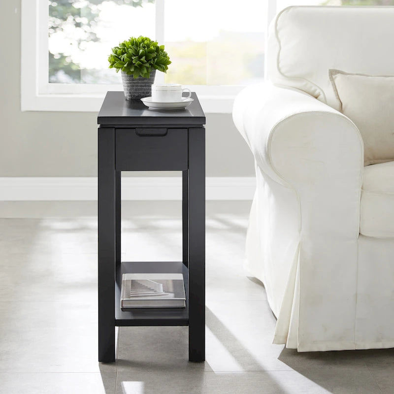 Brown / White / Black / Grey Solid Wood Narrow Side Table with Drawer, Open Shelf & USB-C Charging Port