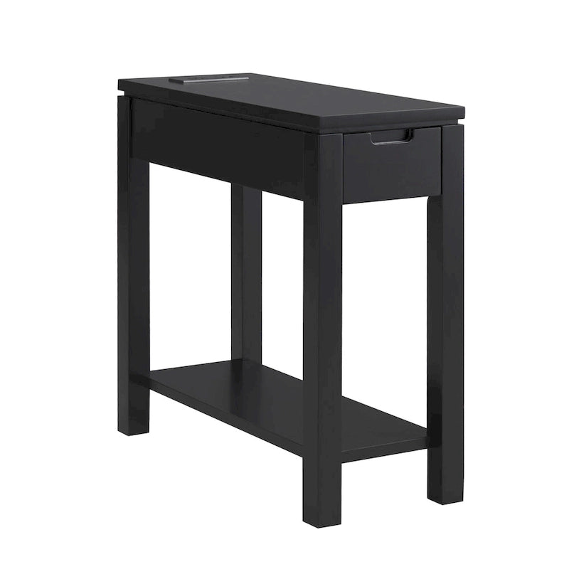 Brown / White / Black / Grey Solid Wood Narrow Side Table with Drawer, Open Shelf & USB-C Charging Port