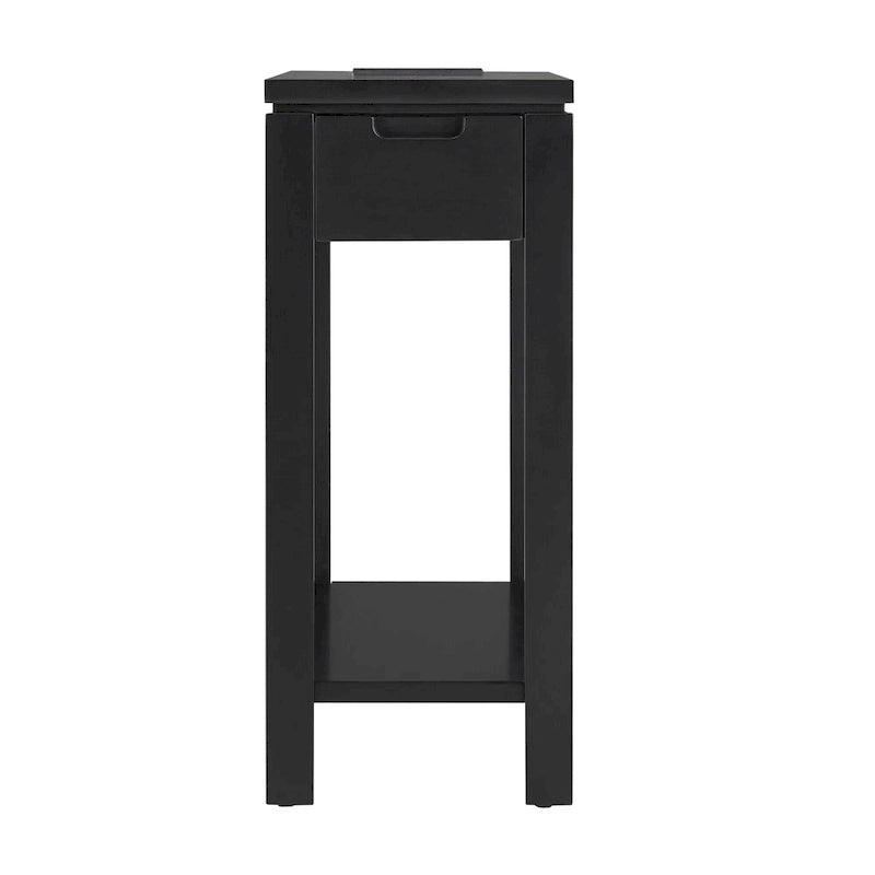 Brown / White / Black / Grey Solid Wood Narrow Side Table with Drawer, Open Shelf & USB-C Charging Port