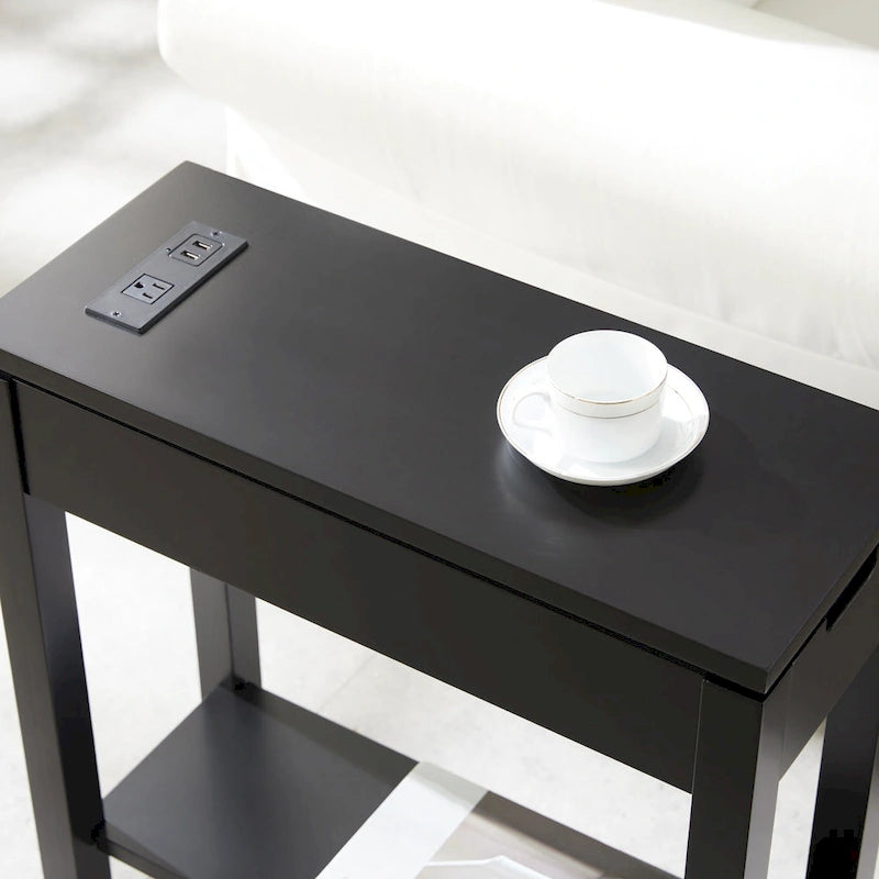 Brown / White / Black / Grey Solid Wood Narrow Side Table with Drawer, Open Shelf & USB-C Charging Port