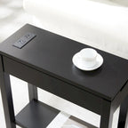 Brown / White / Black / Grey Solid Wood Narrow Side Table with Drawer, Open Shelf & USB-C Charging Port