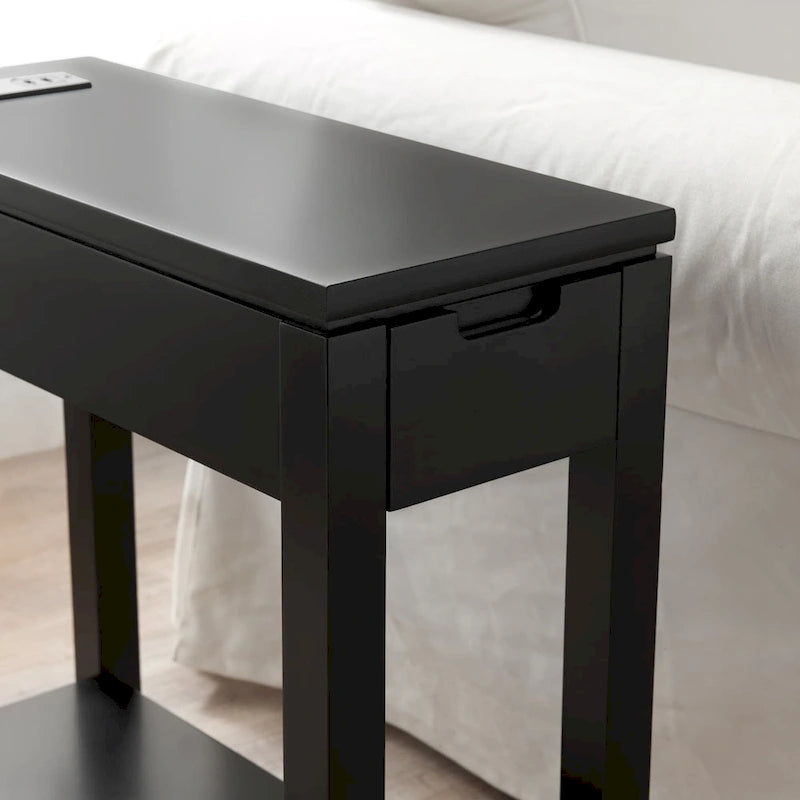 Brown / White / Black / Grey Solid Wood Narrow Side Table with Drawer, Open Shelf & USB-C Charging Port