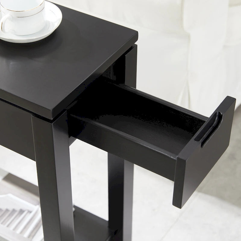 Brown / White / Black / Grey Solid Wood Narrow Side Table with Drawer, Open Shelf & USB-C Charging Port