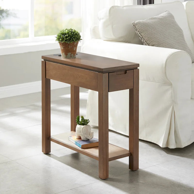 Brown / White / Black / Grey Solid Wood Narrow Side Table with Drawer, Open Shelf & USB-C Charging Port