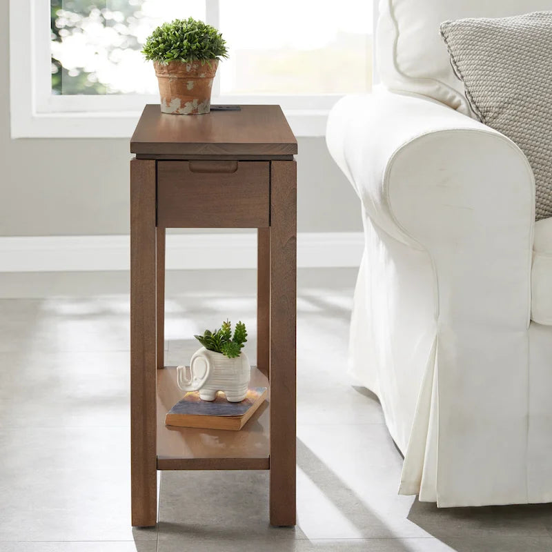 Brown / White / Black / Grey Solid Wood Narrow Side Table with Drawer, Open Shelf & USB-C Charging Port