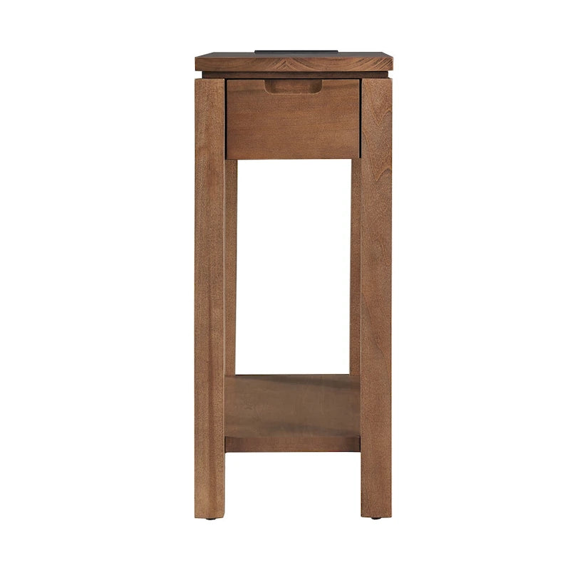 Brown / White / Black / Grey Solid Wood Narrow Side Table with Drawer, Open Shelf & USB-C Charging Port