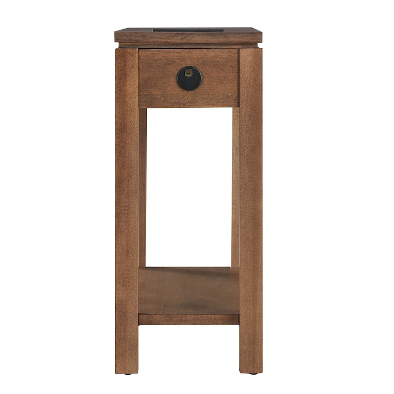 Brown / White / Black / Grey Solid Wood Narrow Side Table with Drawer, Open Shelf & USB-C Charging Port