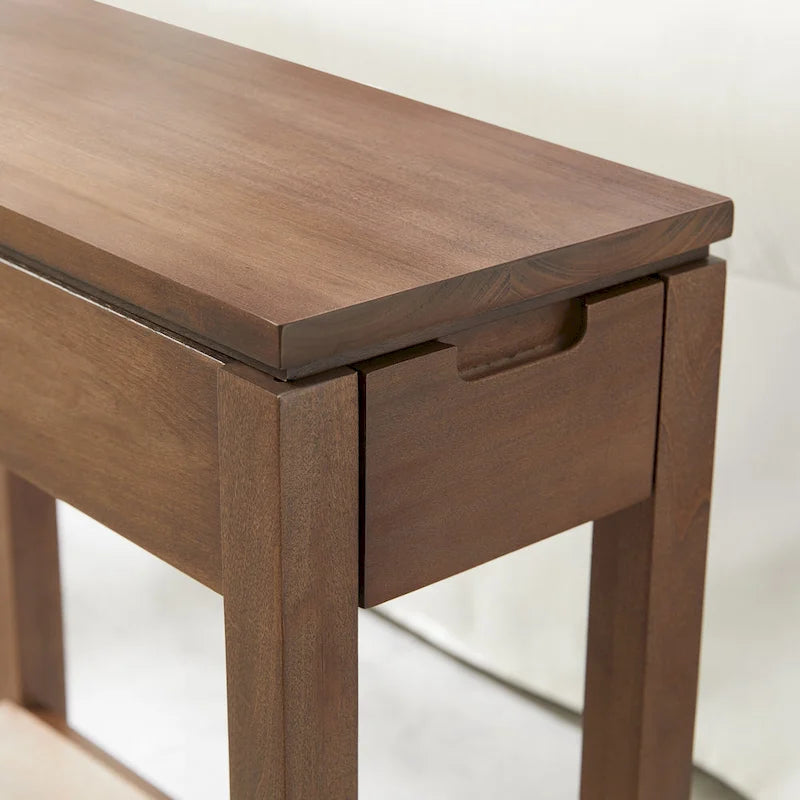 Brown / White / Black / Grey Solid Wood Narrow Side Table with Drawer, Open Shelf & USB-C Charging Port