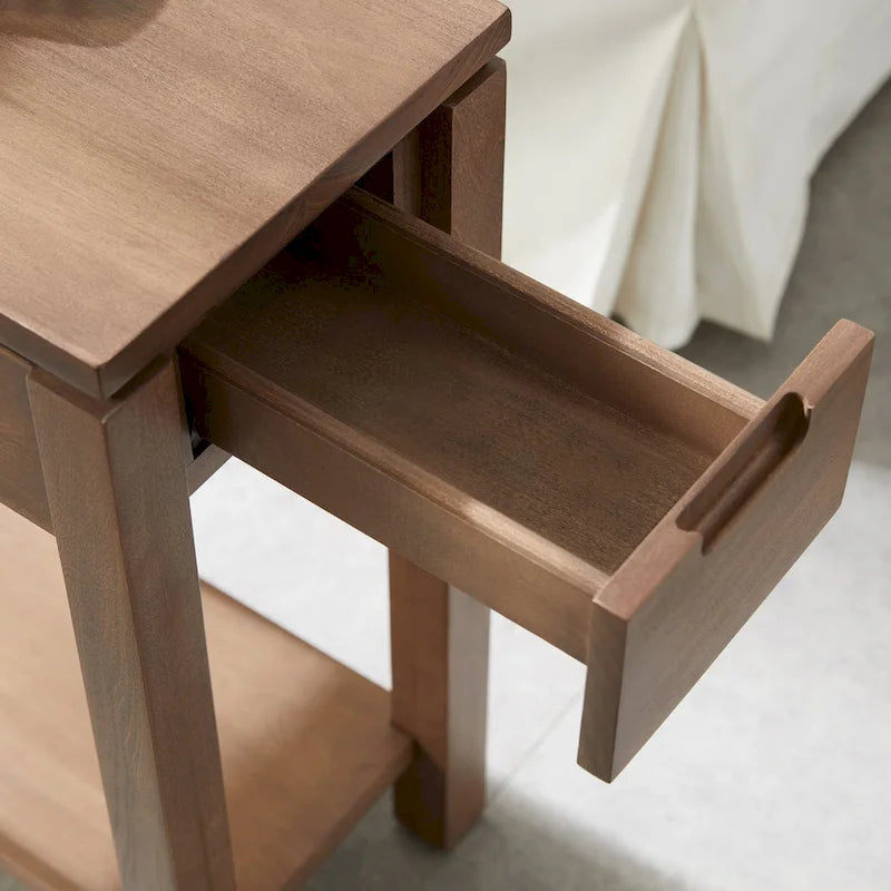 Brown / White / Black / Grey Solid Wood Narrow Side Table with Drawer, Open Shelf & USB-C Charging Port