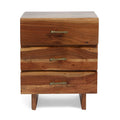 Dark Natural Acacia Wood 3-Drawer Nightstand with Antique Brass Handles