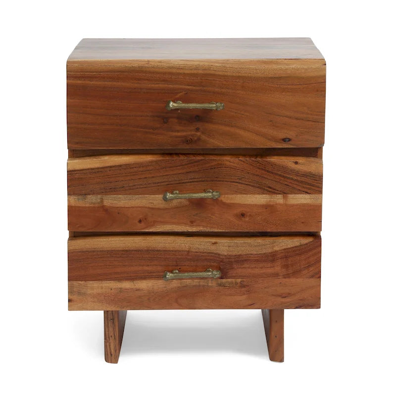 Dark Natural Acacia Wood 3-Drawer Nightstand with Antique Brass Handles
