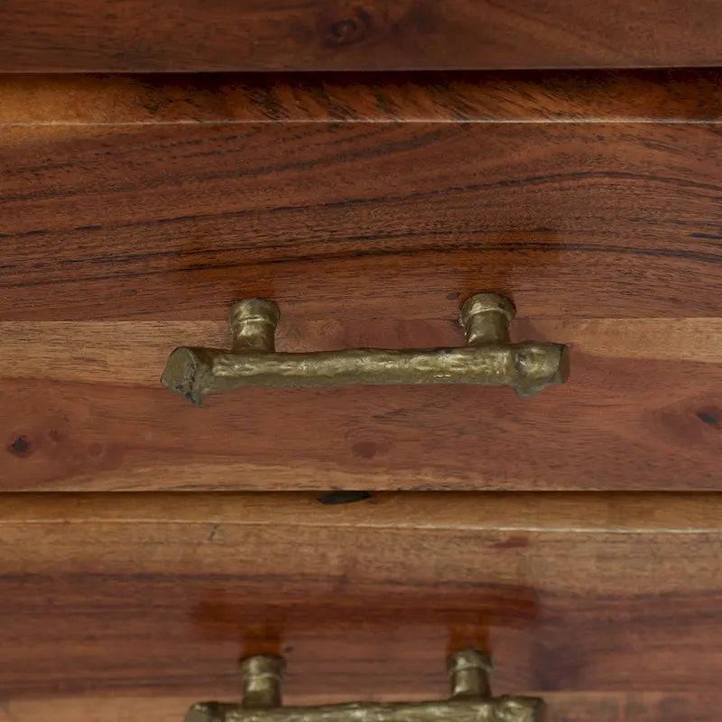 Dark Natural Acacia Wood 3-Drawer Nightstand with Antique Brass Handles