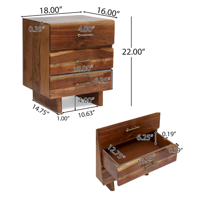 Dark Natural Acacia Wood 3-Drawer Nightstand with Antique Brass Handles