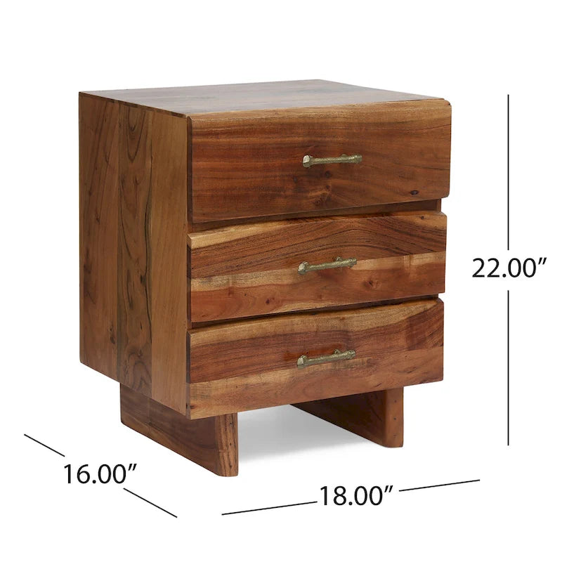 Dark Natural Acacia Wood 3-Drawer Nightstand with Antique Brass Handles