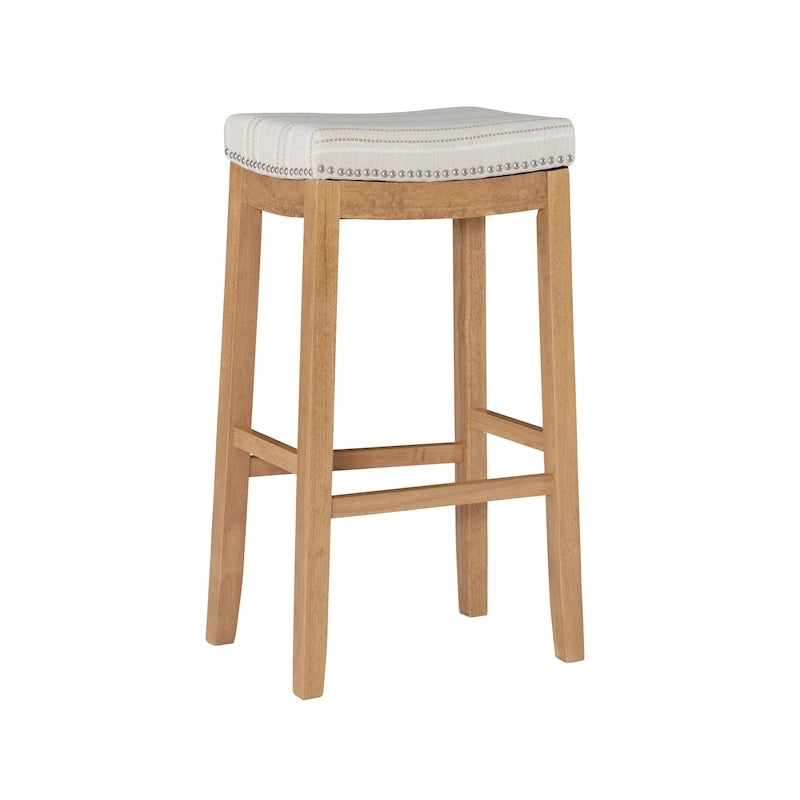 Cream Striped Linen Bar Stool with Rustic Brown Wood Frame & Nailhead Trim – 1 Person